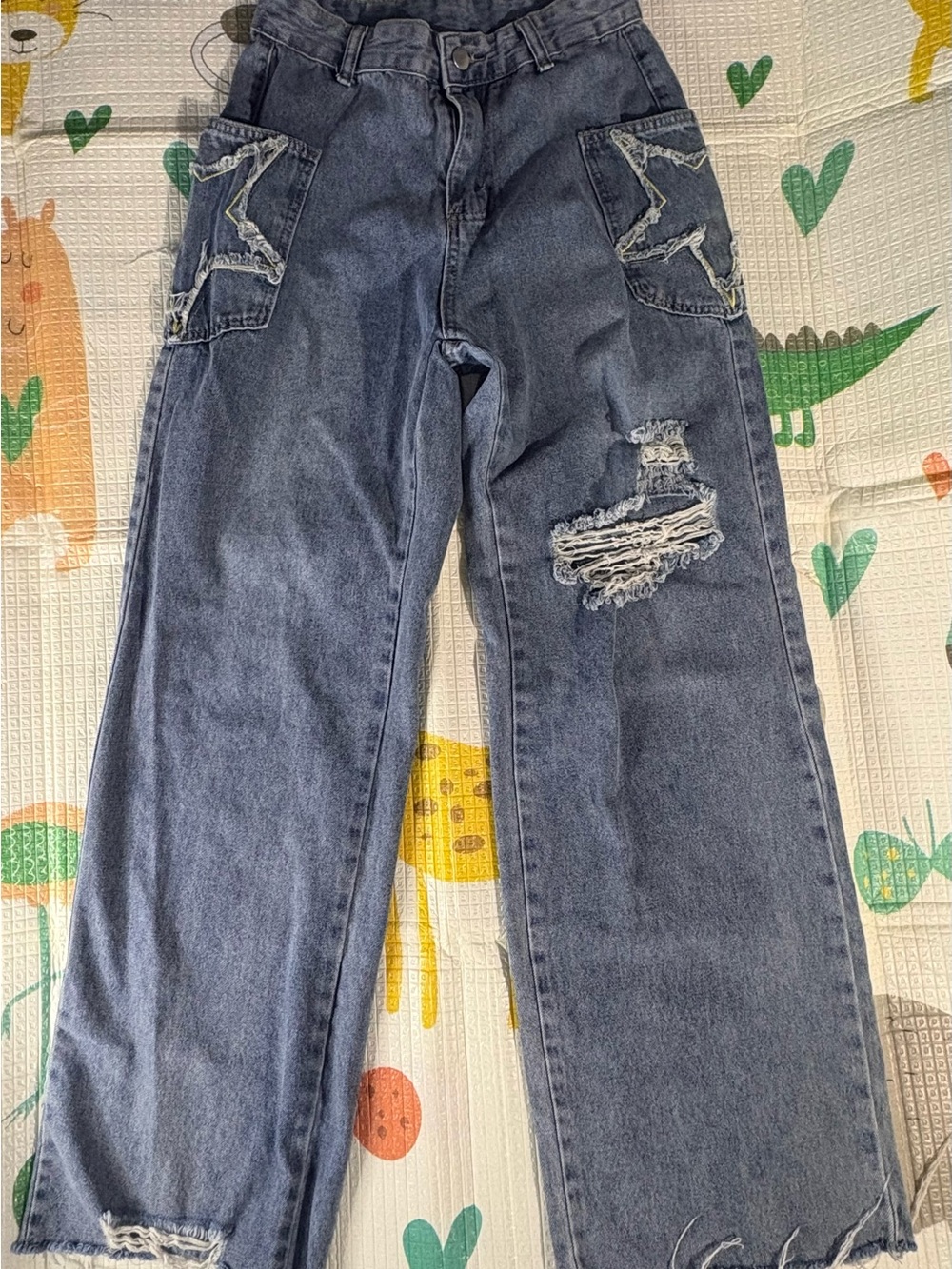 ROMWE Washed Blue Wide-Leg Distressed Jeans